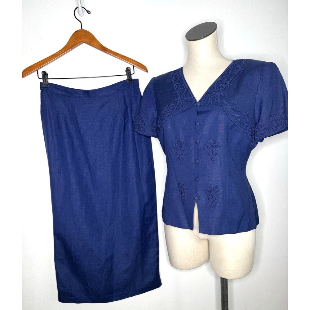Vintage Donna Morgan 2Pc Embroidered Top Skirt Blue Linen Blend Women 10 Petite